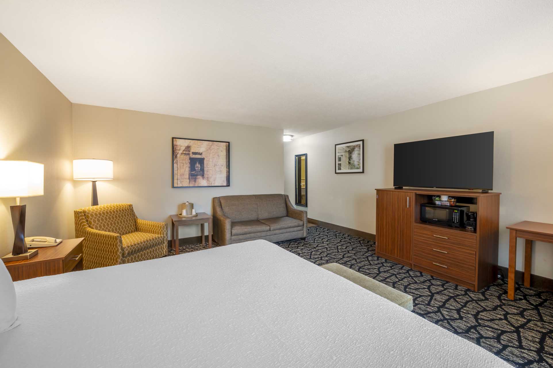 Room with TV, sofa, king bed and sofa bed